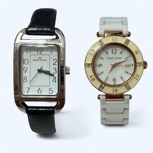Anne Klein Watch Bundle of 2 Silver W/ Black Leather Strap & White W/‎ MOP Strap